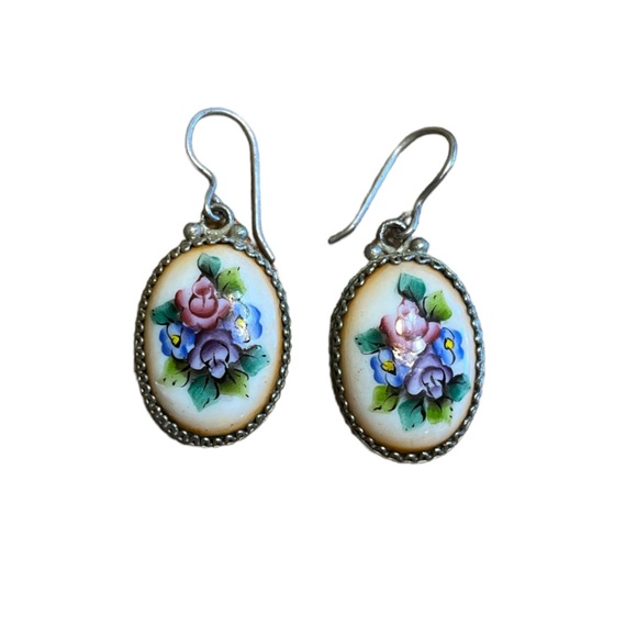 Vintage Jewelry - Vintage Russian Porcelain Painted Floral Earrings